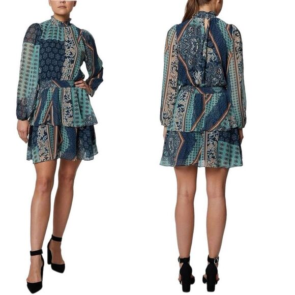 Laundry by Shelli Segal Women's Long Sleeve High Neck Mini Dress with Tiered Ski - Picture 1 of 7